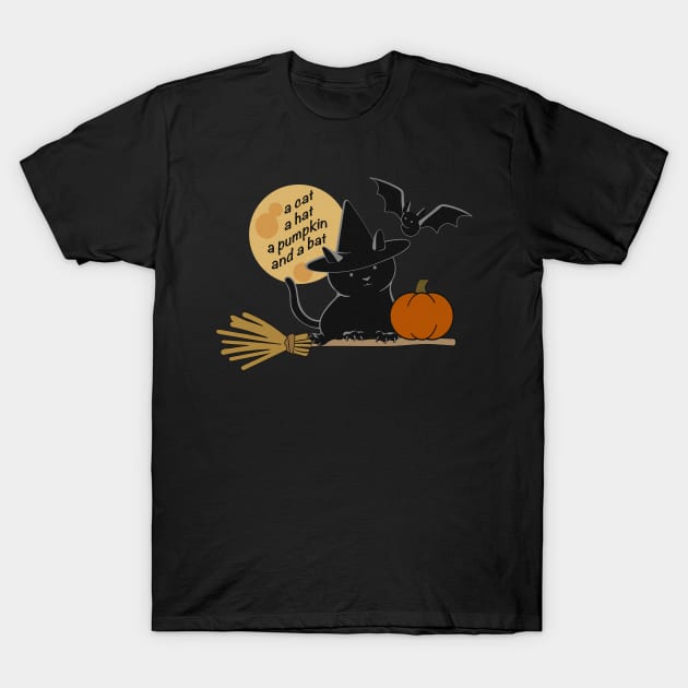 a cat, a hat, a pumpkin and a bat T-Shirt by DesignCat